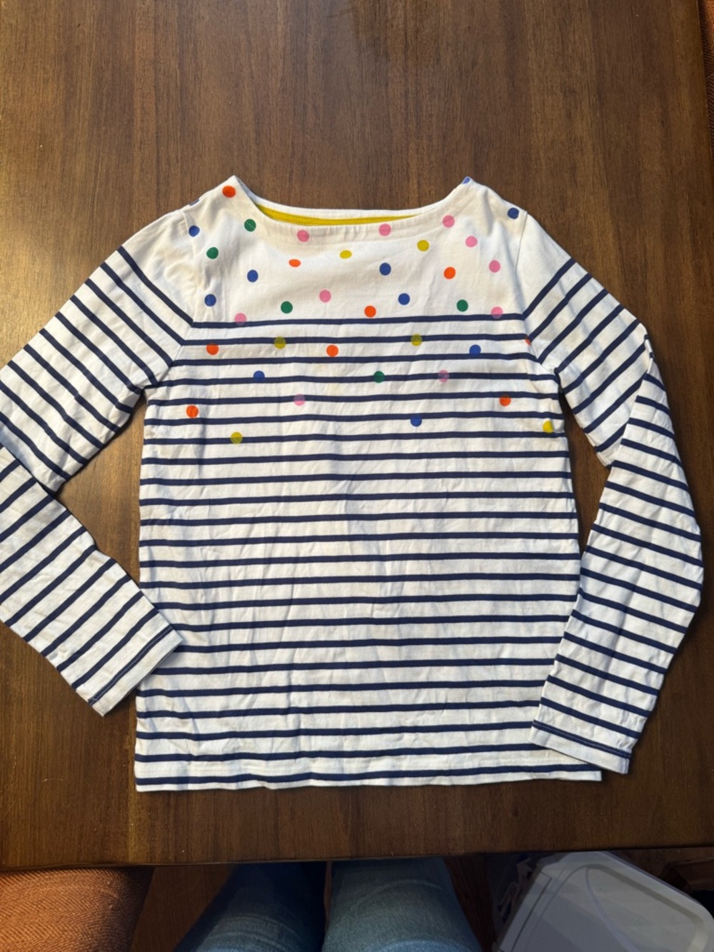 Boden White Navy Striped Long-Sleeve Top with Multicolor Polka Dots